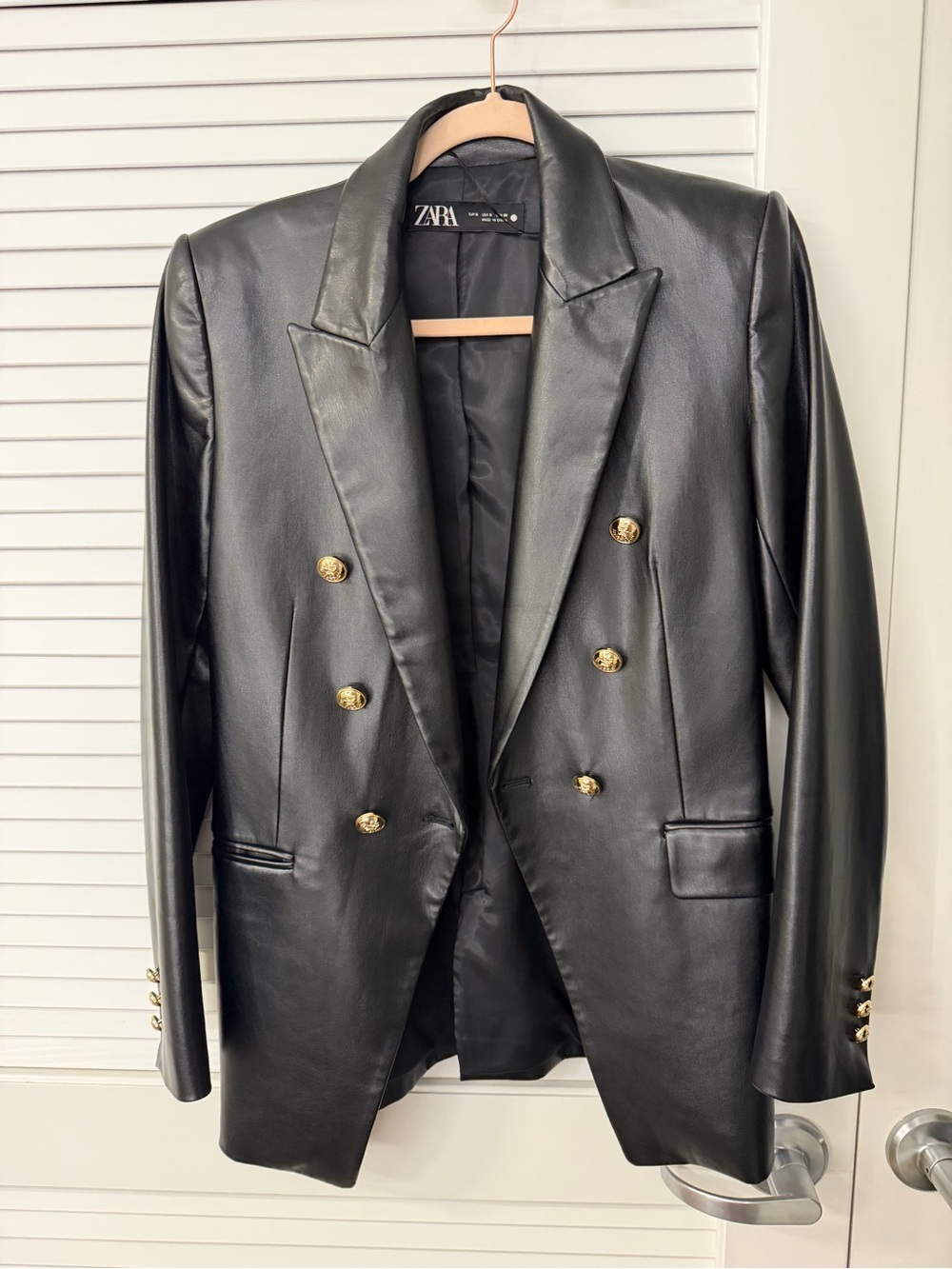 Zara Black Faux Leather Double-Breasted Blazer with Gold Buttons
